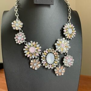 Pink and yellow chunky flower floral bib statement necklace w/silver chain